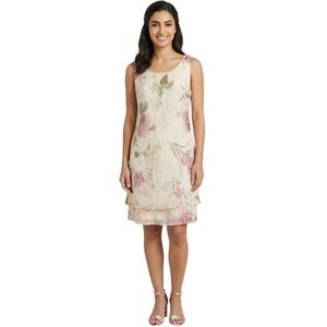 R&M Richards 14 Floral Crinkle Layered Shift Dress Pink Mother of the Bride Midi